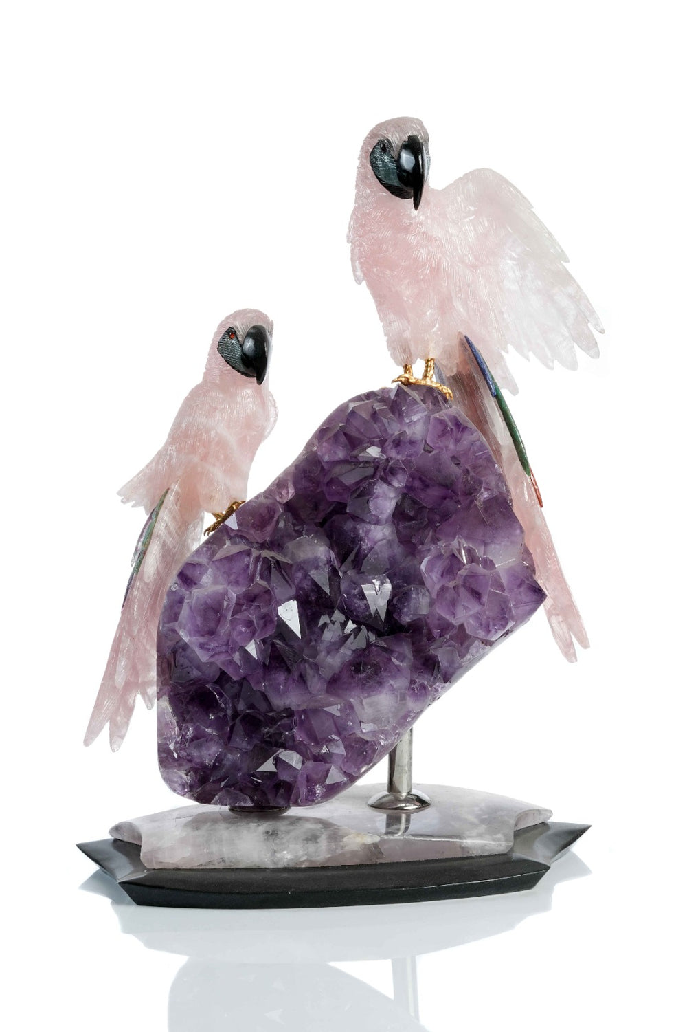 Rose Quartz birds on amethyst – Bespoke Home Jewels