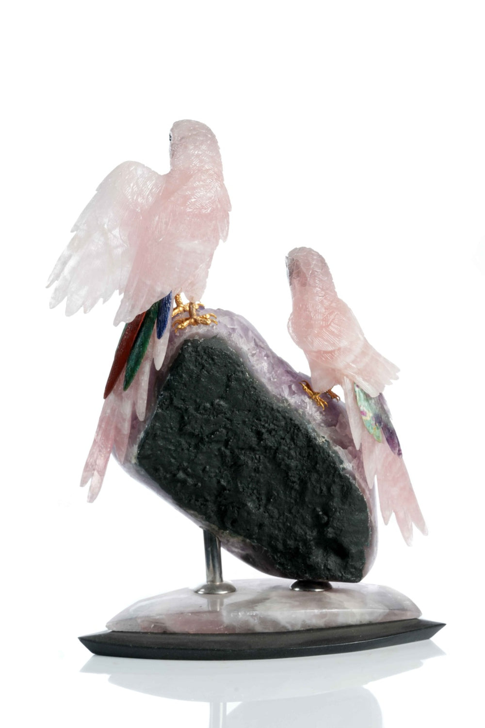 Rose Quartz birds on amethyst – Bespoke Home Jewels