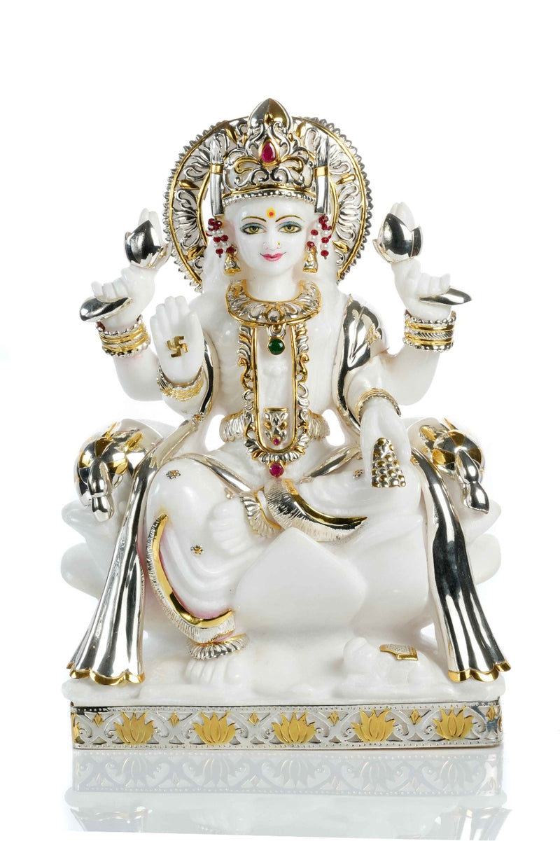 Marble Lakshmiji with pure silver ornaments