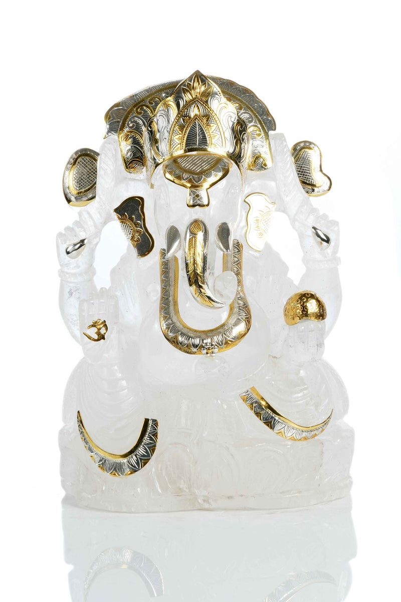 Rock crystal Ganesha with pure silver ornaments